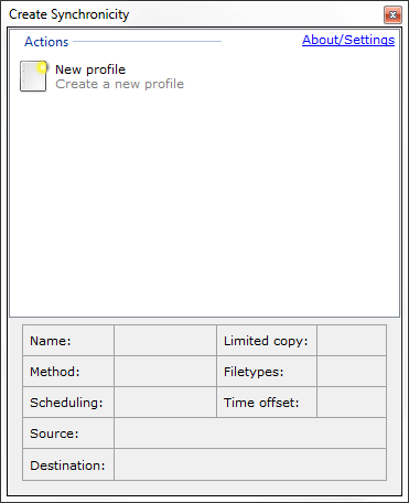 Create Synchronicity base screen: no profiles have been configured yet. To start creating your backup profile, click the "New Profile" icon.