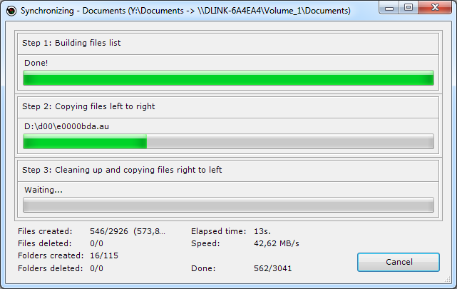 While your files are being synchronized, Create Synchronicity displays a progression indicator.