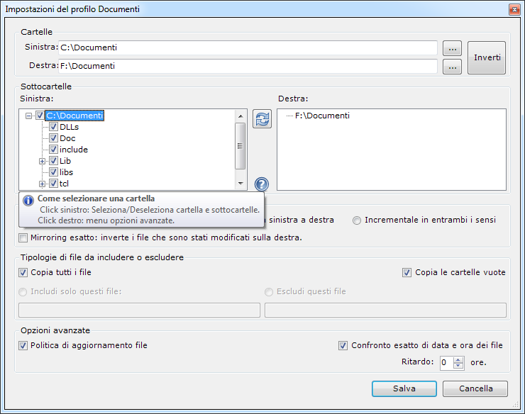 Selezionando la prima opzione, verrà fatto il backup di tutto quello che si trova nella cartella che avete cliccato. È come se avreste cliccato sulla cartella in alto e su tutte le sottocartelle in essa contenute. Cliccando col tasto destro su di una cartella, apparirà una finestrella di aiuto.