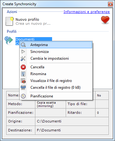 Ora potete iniziare il vostro backup. Cliccate su "Anteprima". Appare una schermata simile a questa: