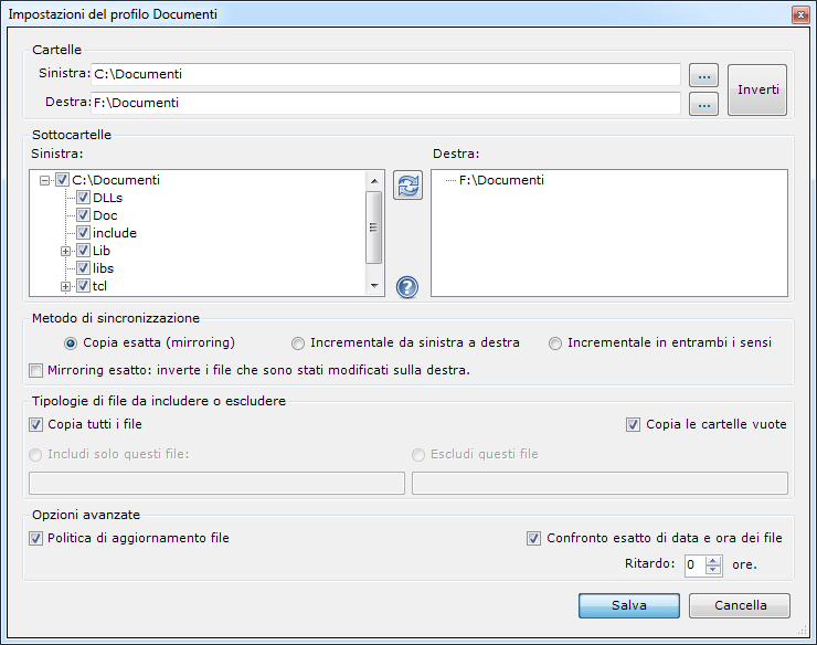 A questo punto la cartella è selezionata e si può procedere al backup. Sono possibili altre opzioni ma la scelta per difetto spiegata finora dovrebbe essere sufficiente per quasi tutti i backup. Cliccate ora su "Salva".