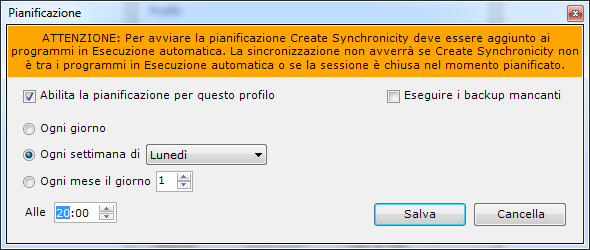 Scegliete il periodo e l'ora nei quali desiderate sia eseguito l'aggiornamento e salvatelo. Nell'esempio qui sopra, l'aggiornamento avverrà automaticamente ogni lunedì alle 20:00.